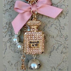 Luxury Gold Perfume Bottle Keychain/Bag Charm with Mauve Bow & Mauve Rhinestones